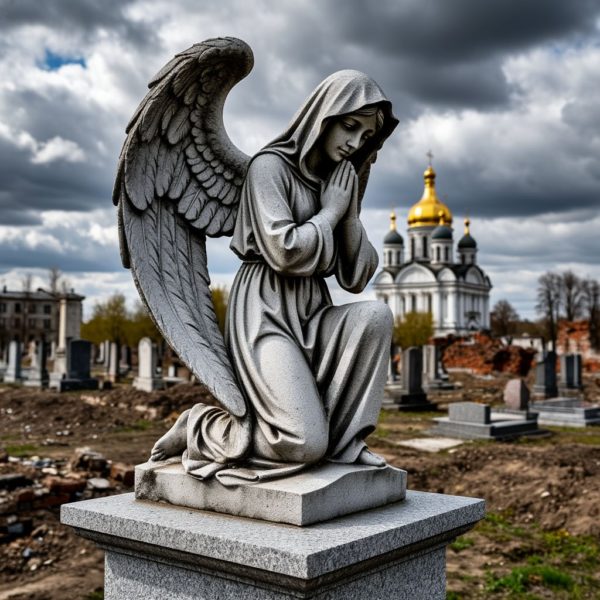 Скульптура ангела в молитве из серого гранита на могилу