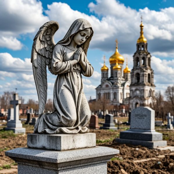 Ангелочек молящийся на коленях из серого гранита на могилу