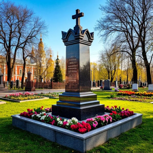 Надгробие в виде стелы из серого гранита с крестом в православном стиле