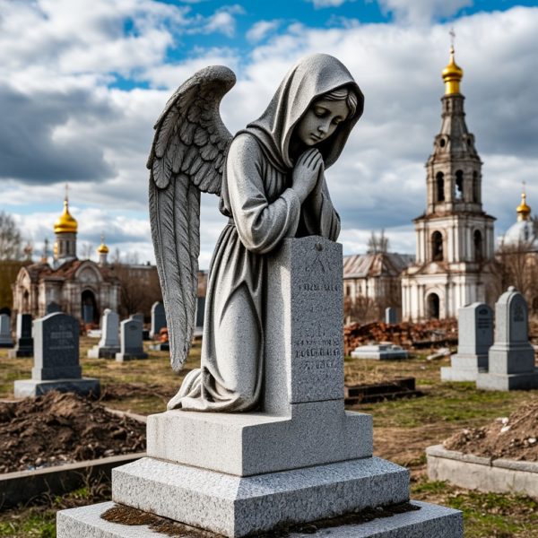 Скульптура ангела из серого гранита, стоящего на коленях в мольбе у серого гранитного постамента