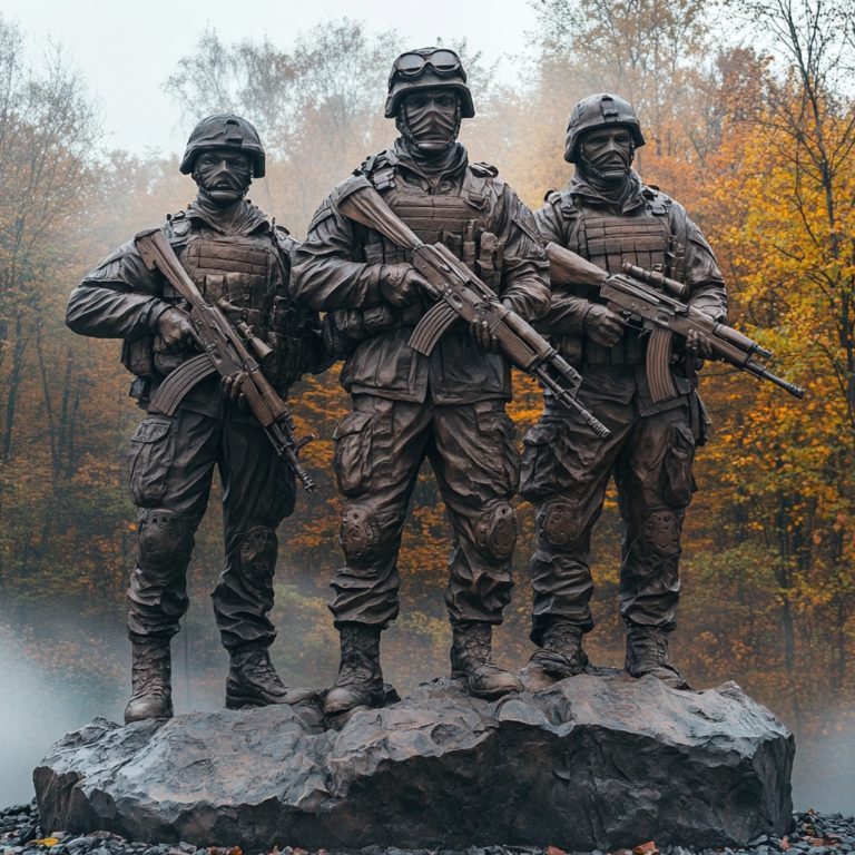 Памятник павшим войнам СВО представлен бронзовыми фигурами солдат в дозоре на гранитном камне.