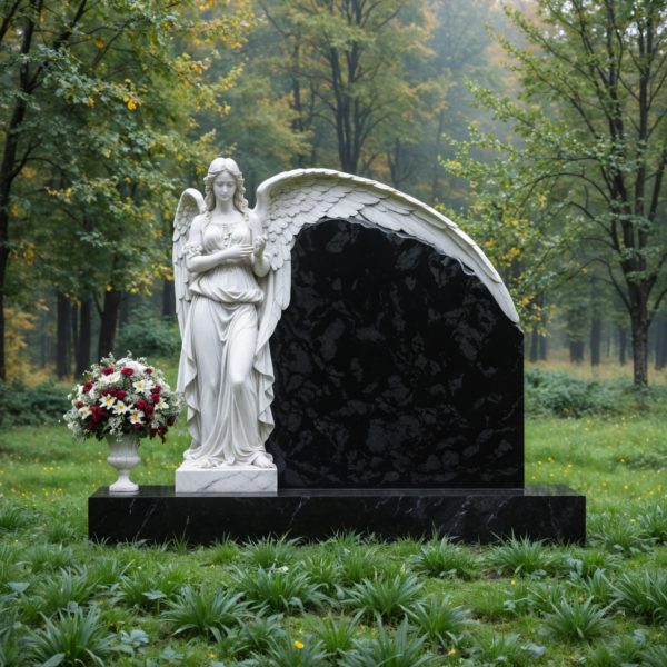 Памятник ангела из мрамора на могилу, молящегося у гранитной плиты
