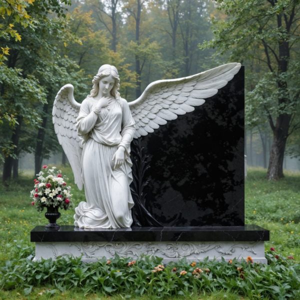 Памятник на могилу в виде скульптуры ангела из светлого мрамора, молящегося на коленях у надгробия из черного гранита
