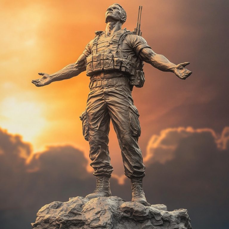 Памятник солдату-герою из бронзы, в полный рост, руки разведены, взгляд ввысь