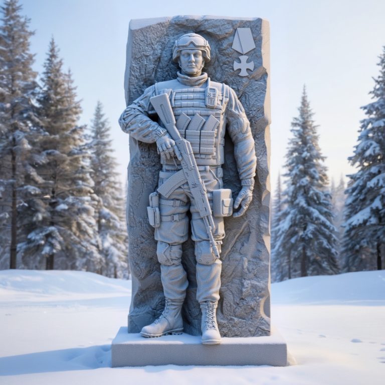 Памятник павшим войнам- героям выполнен из гранитной стелы и бронзовой скульптуры солдата.