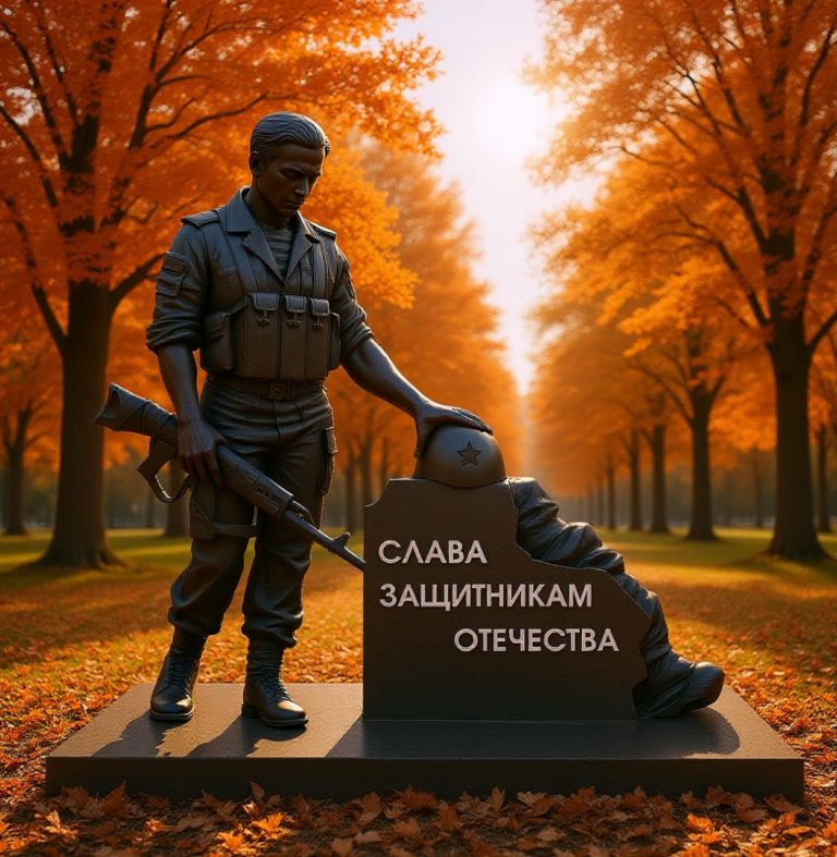 Памятник павшим солдатам СВО представлен бронзовой скульптурой воина, стоящую в скорби по погибшим товарищам.