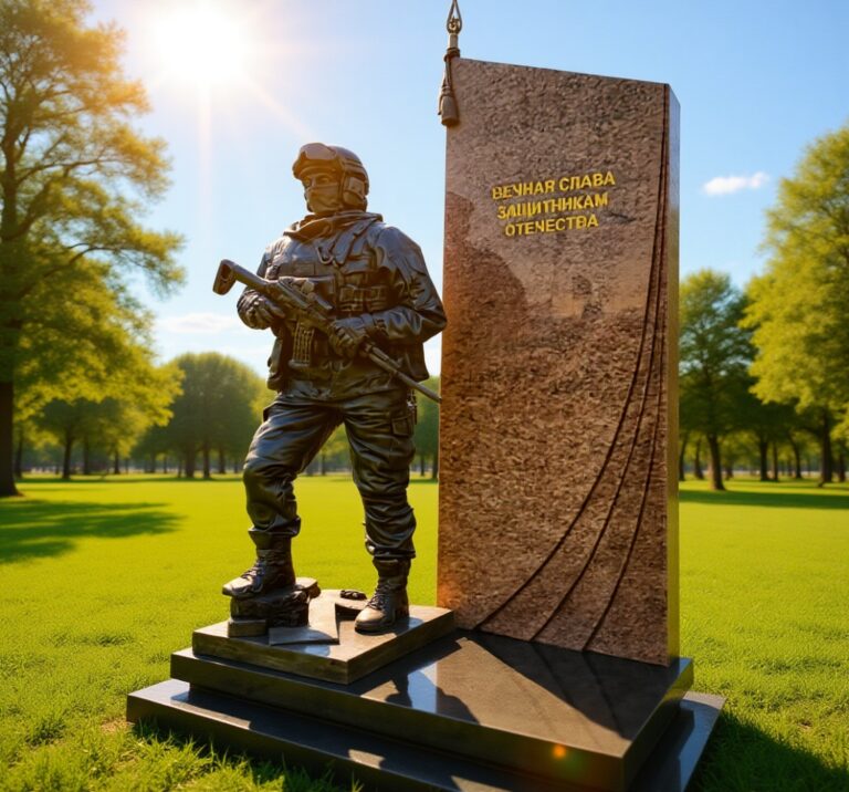 Памятник войнам СВО, выполненный из бронзы и гранита.