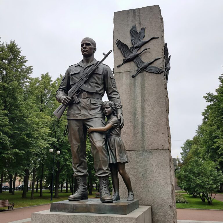 Памятник героям СВО представлен скульптурой из бронзы солдата с ребенком