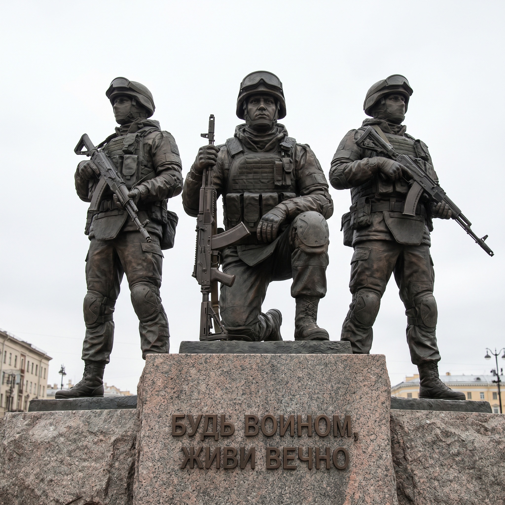 Памятник из бронзы Памятник из бронзы в виде скульптур трех солдат, павших на СВО